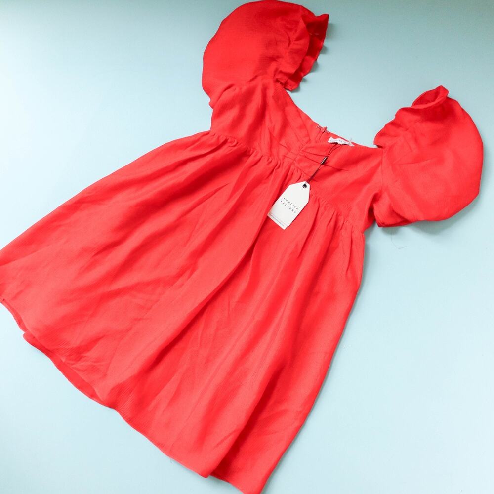 English Factory Red Balloon Sleeve Mini Dress Women's Size M New With Tags
